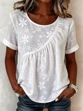 Round Neck Short Sleeve Embroidery Floral Summer Casual Top