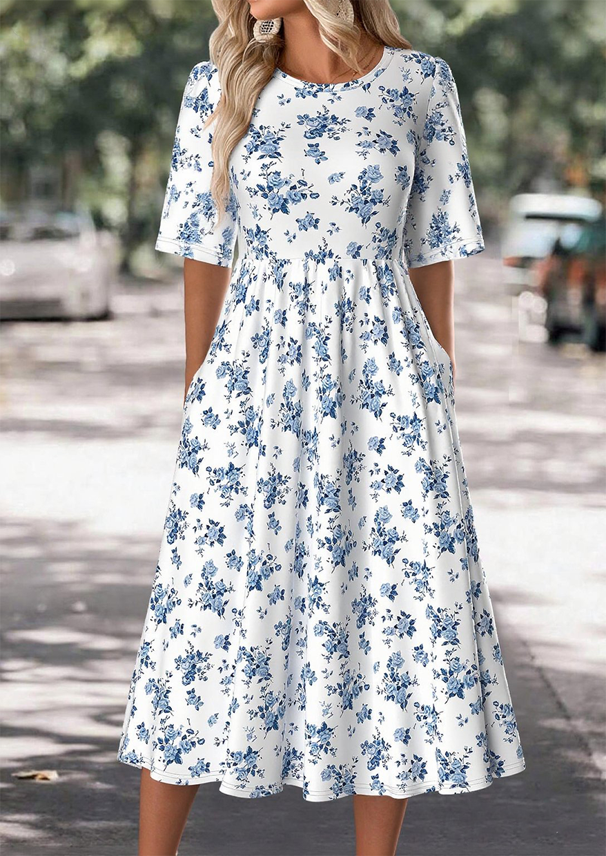 White Blue Floral Midi Dress for Women Flowy Boho Dress with Pockets
