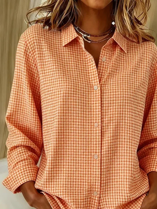 Women's Long Sleeve Shirt Spring/Fall Orange Plaid Buckle Shirt Collar Regular Sleeve Daily Going Out Casual Top