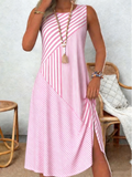Geometric Cotton Casual Crew Neck Dress With No