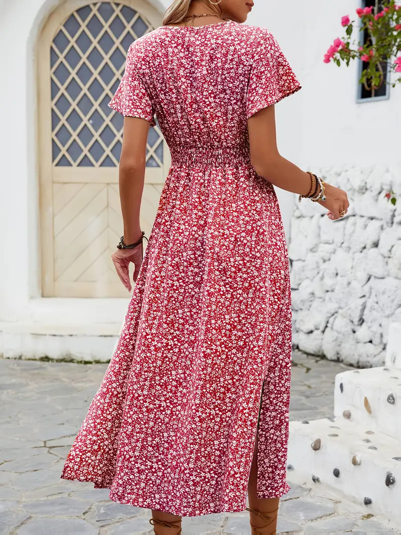 Floral Printed V Neck Short Sleeve Smock Detail Spring Summer Casual Maxi Dress
