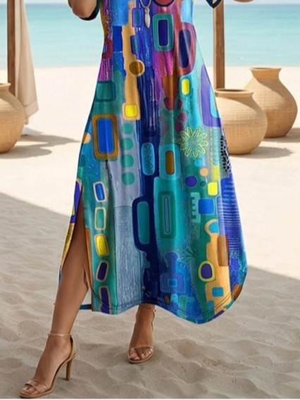 Women's Short Sleeve Summer Blue Abstract Printing Crew Neck Daily Going Out Casual Maxi H-Line T-Shirt Dress Dress
