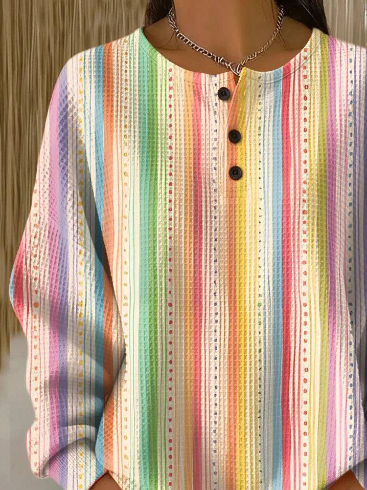 Women's Abstract Print Button-Up Casual Waffle Knit Sweatshirt