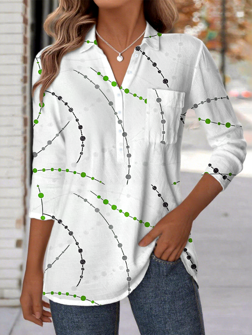 Women's Simple Line Polka Dot Pattern Patch Pocket Long Sleeve Shirt Regular Top