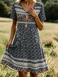 Women's Vintage Floral V-Neck Short-Sleeve Dress