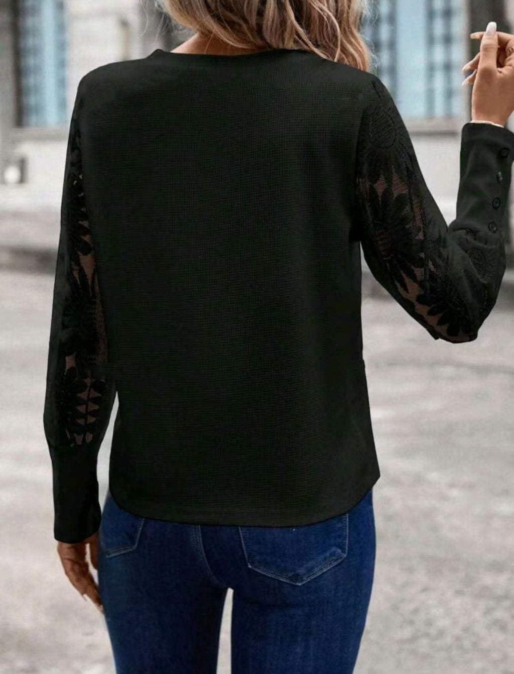 Solid color long sleeve embroidered lace patchwork waffle round neck top
