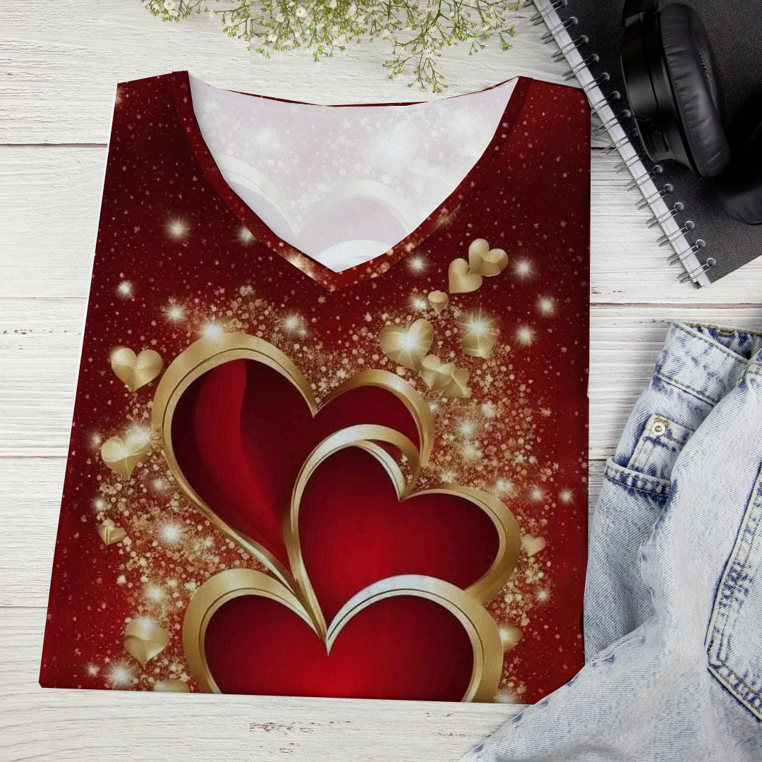 Women's Heart Valentine's Day Print V Neck Long Sleeve T-Shirt