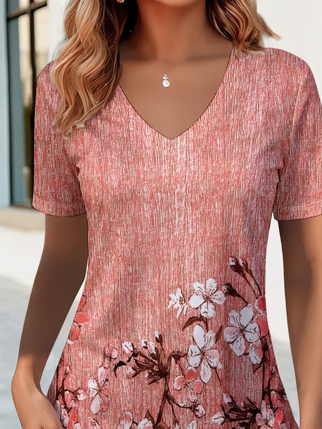 Women's Short Sleeve T-shirt Summer Pink Floral Printing V Neck Holiday Going Out Vintage Top