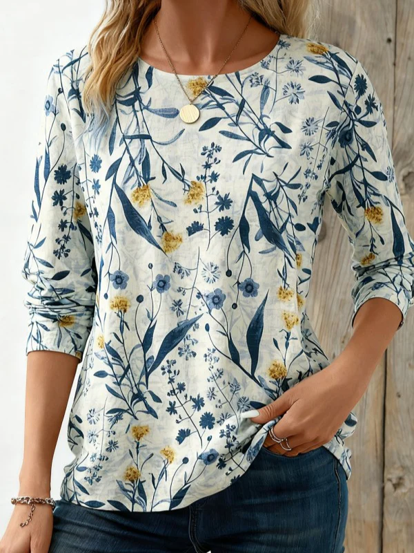 Women's Long Sleeve T-shirt Spring/Fall As Picture Floral Printing Jersey Crew Neck Daily Going Out Casual Top