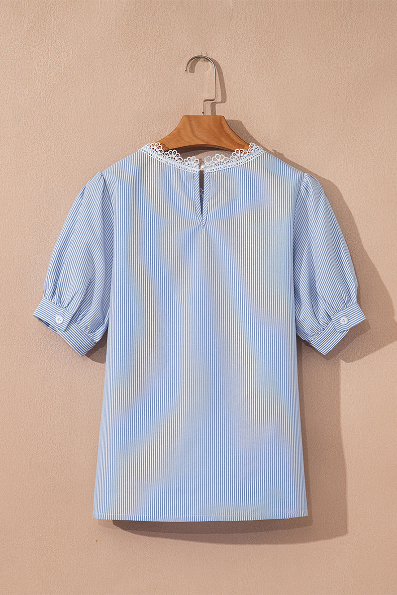 Striped Round Neck Puff Short Sleeve Lace Trim Summer Casual Top