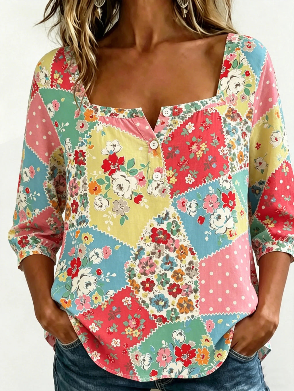 Women's Three Quarter Sleeve Blouse As Picture Floral Printing Square Neck Daily Going Out Vintage Top