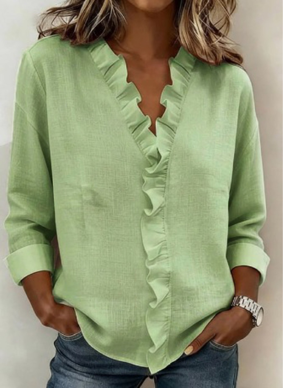 Women's Solid Color V-Neck Blouse with Ruffle Trim Long Sleeve Casual Top