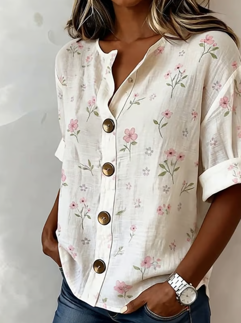 Women's Floral Print Linen Blend V-Neck Button Front Rolled Sleeve Blouse