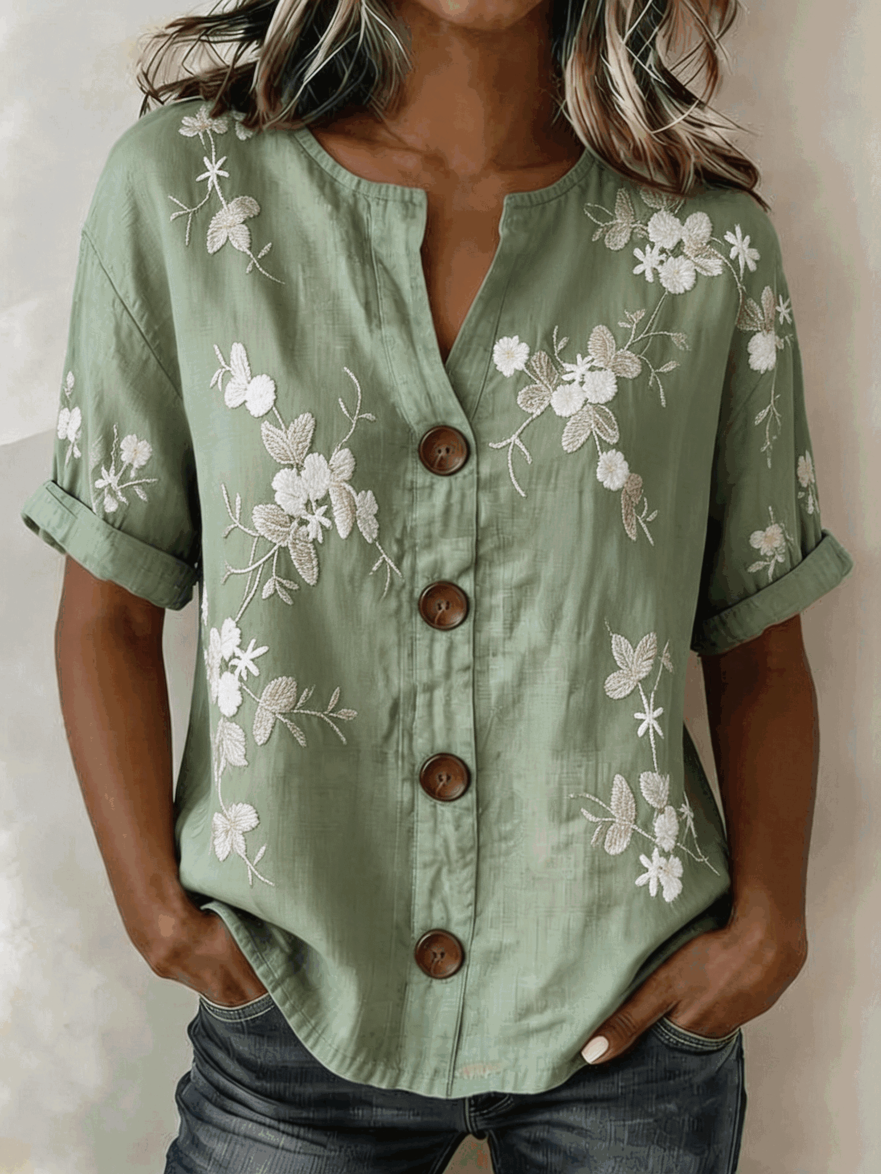 Linen Blend 3D Floral Print Henley Neck Button Front Roll Cuff Casual Blouse