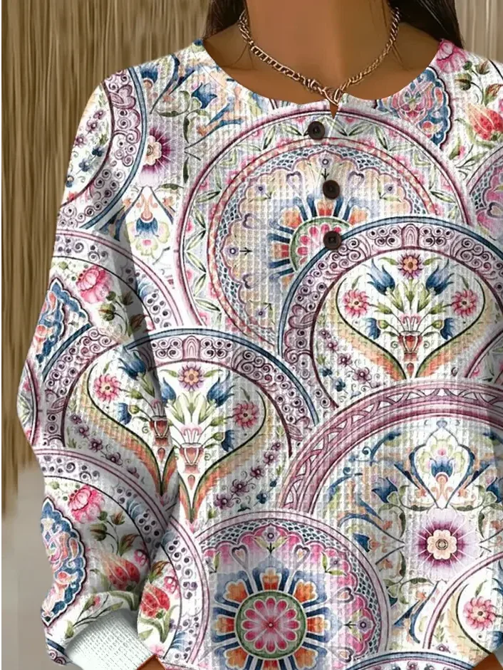 Women's Flowers Print Button-Up Casual Waffle Knit Sweatshirt