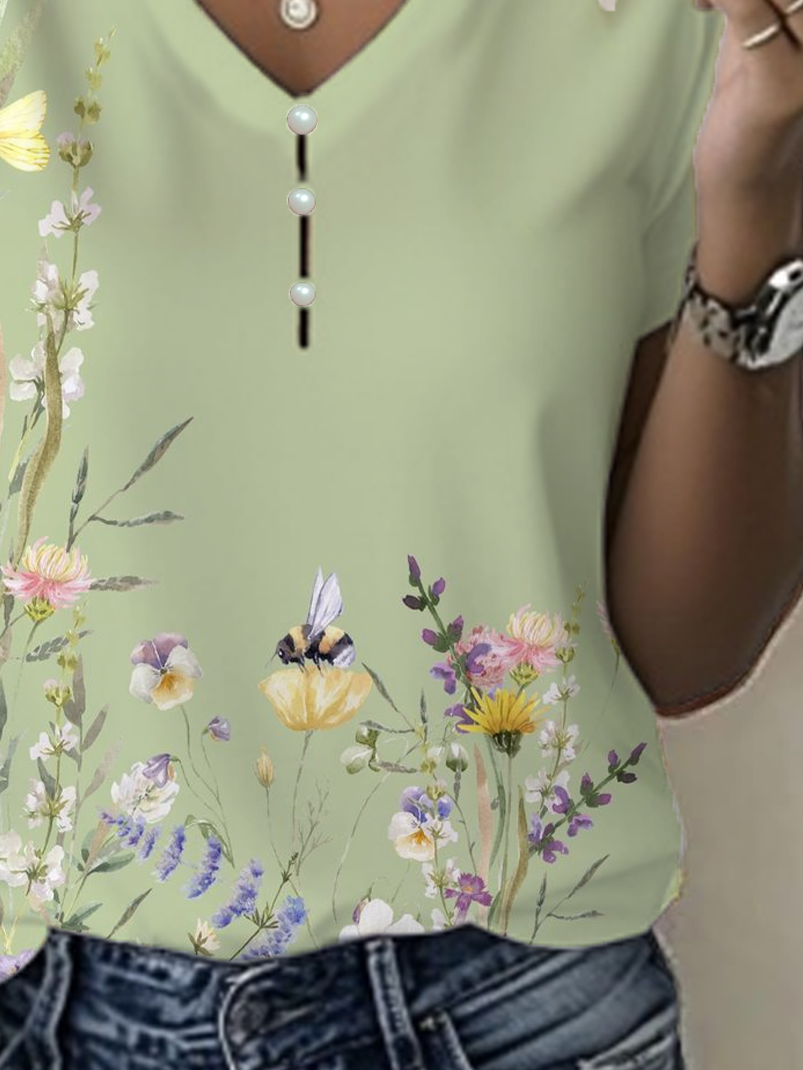 Women's Floral Print Casual V-Neck Pearl Button T-Shirt