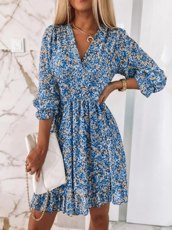 V Neck Elegant Floral Loose Dress With No