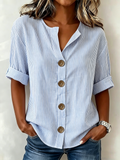 Linen Blend Striped V Neck Simple Shirt