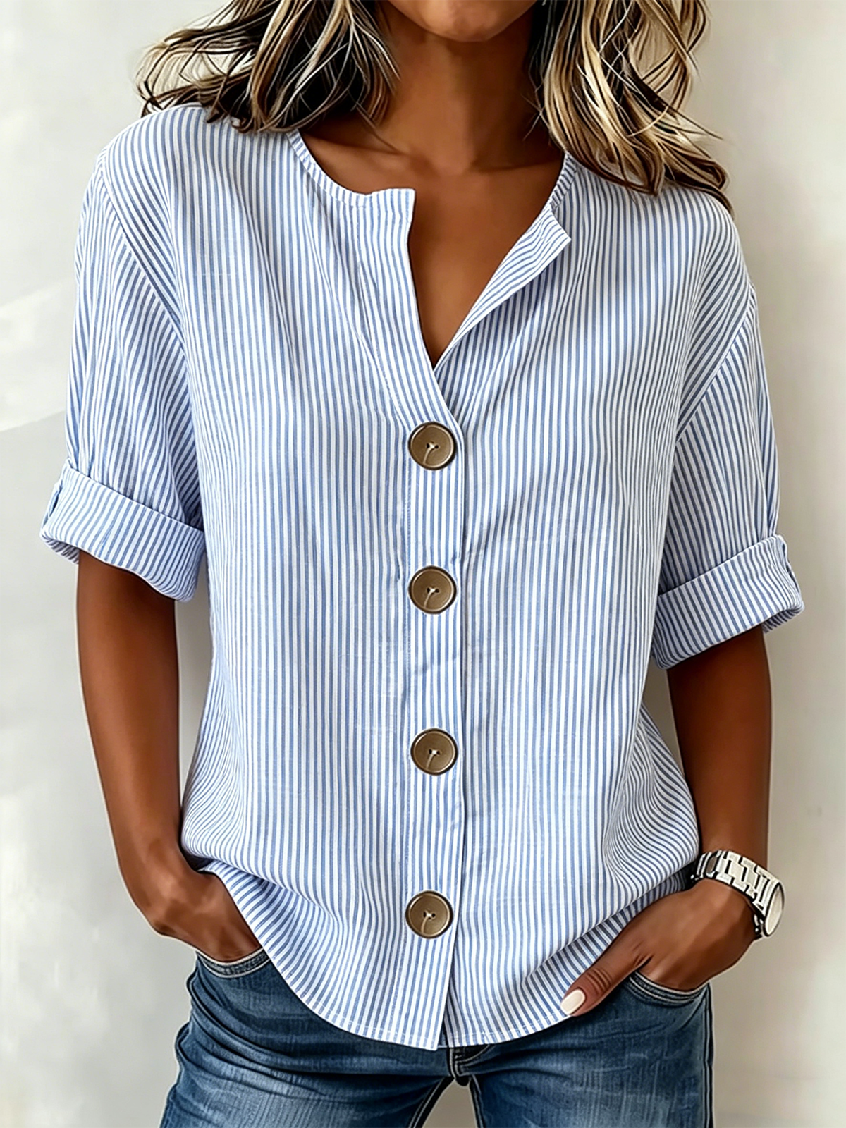 Linen Blend Striped V Neck Simple Shirt