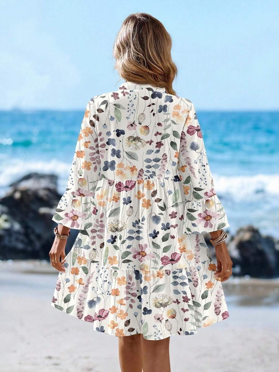 Elegant Loose Cotton-Blend Floral Dress With No