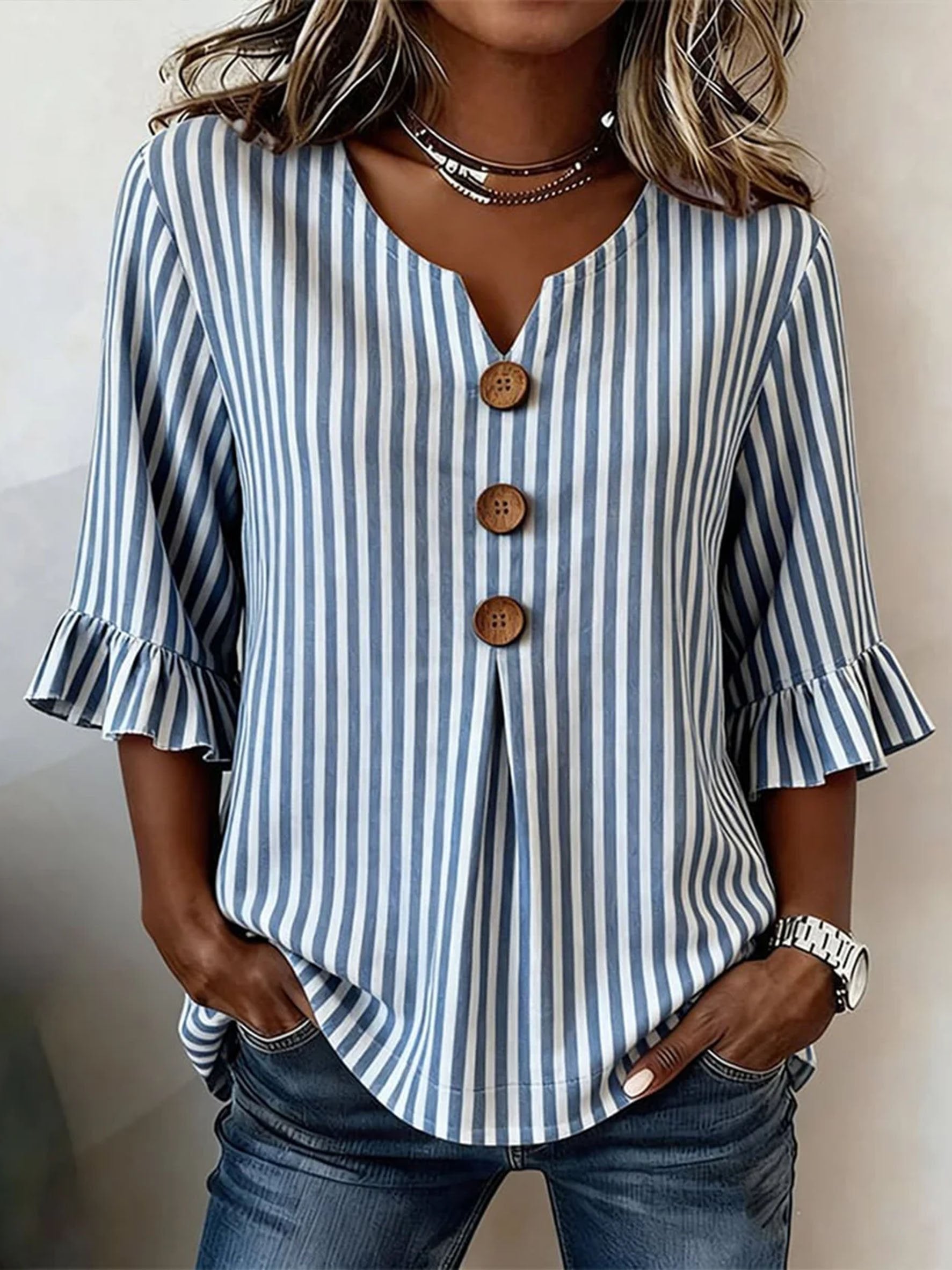 Women's Blue Striped Printed Half Ruffle Sleeve Blouse Summer V Neck Button Daily Going Out Vintage Top