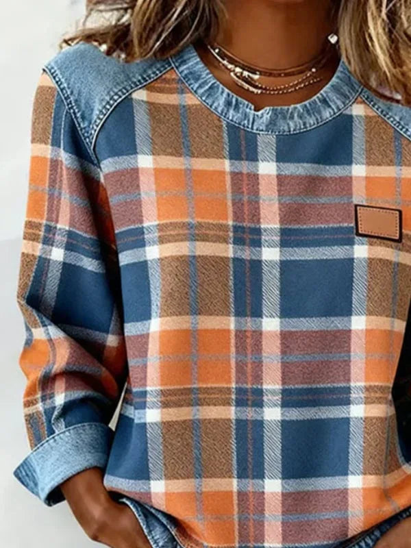 Women's Plaid Print Patchwork Denim Crewneck Long-Sleeved Sweatshirt