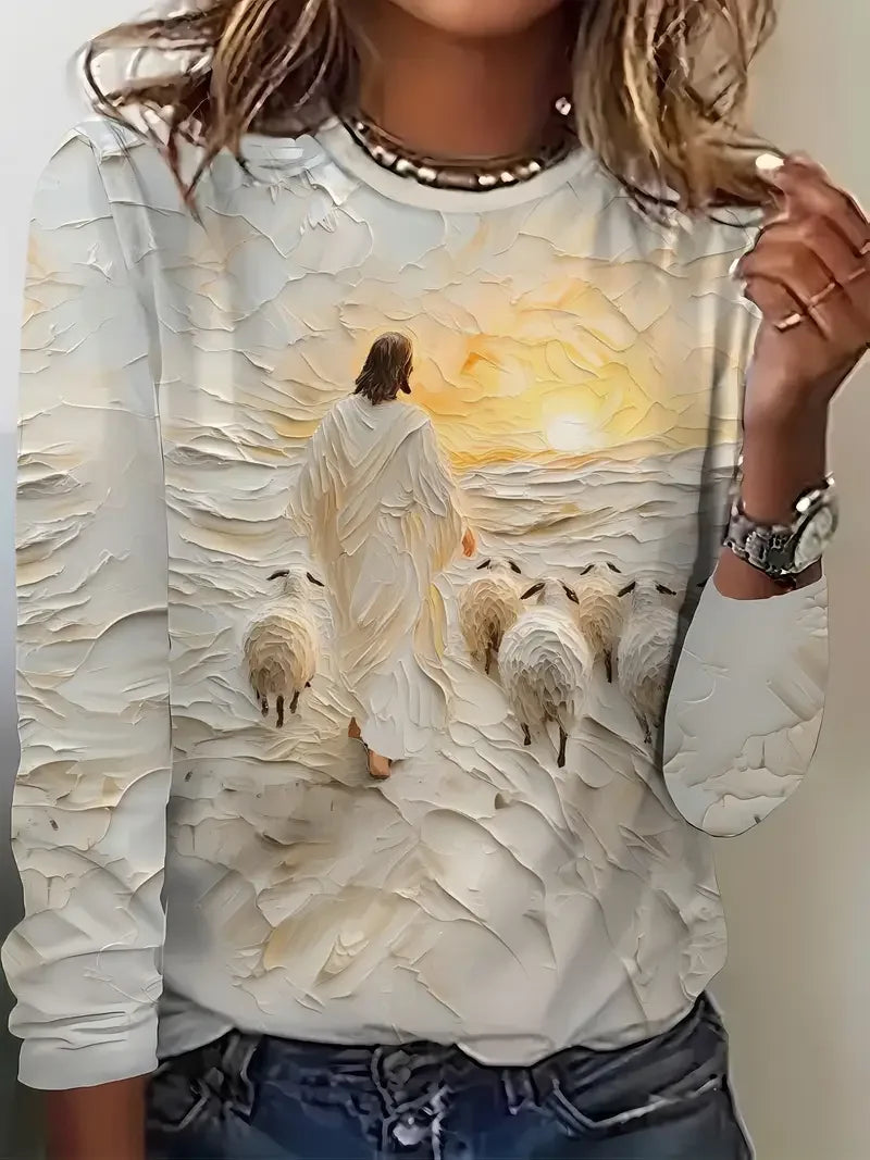 Women's Long Sleeve T-shirt Spring/Fall Apricot Jesus Printing Jersey Crew Neck Daily Going Out Casual Top