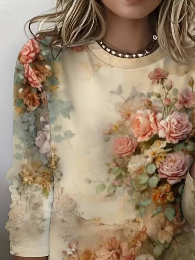 Women's Long Sleeve T-shirt Spring/Fall As Picture Floral Printing Jersey Crew Neck Daily Going Out Casual Top