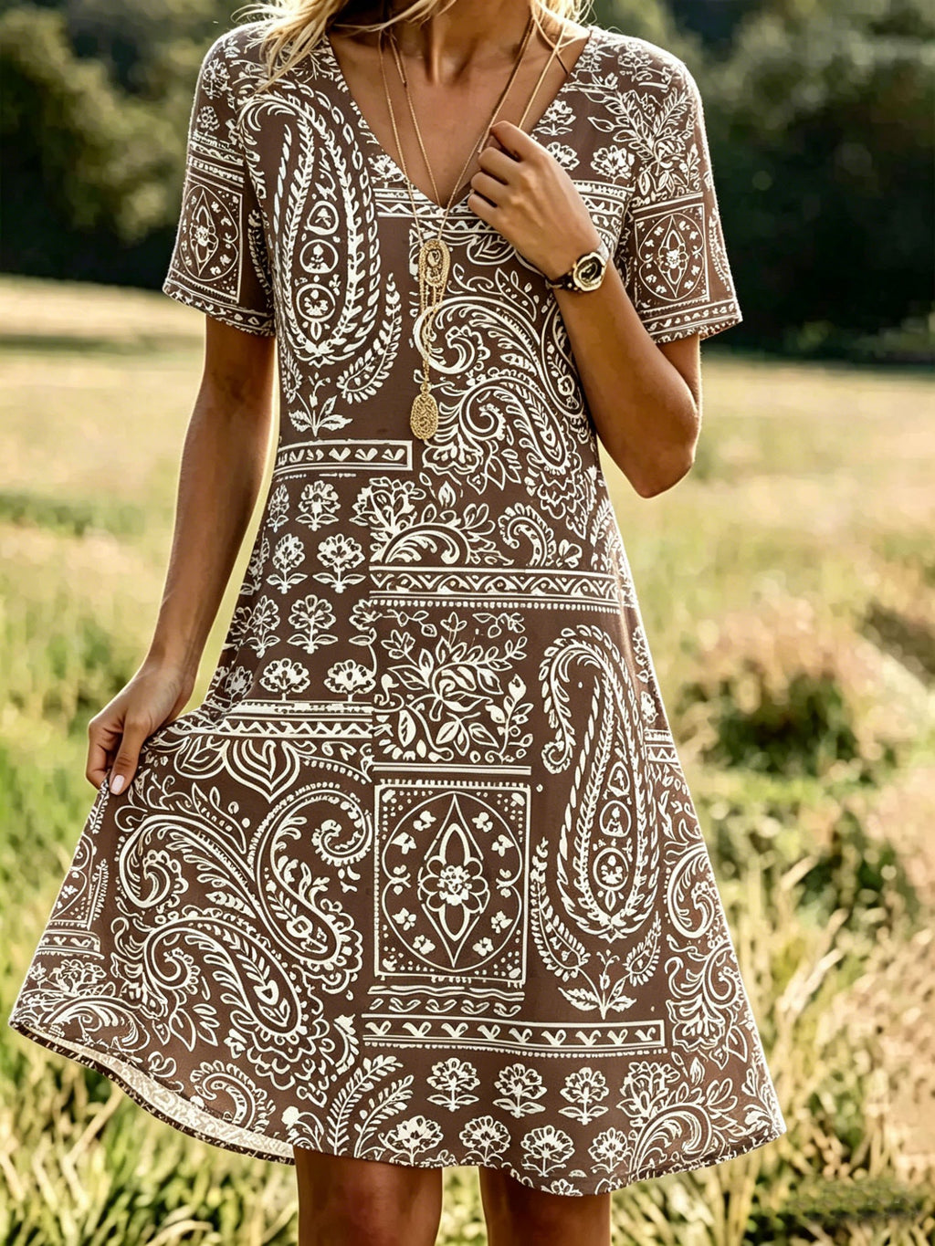 Women's Vintage Paisley Cashew Floral V-Neck Short-Sleeve Casual Dress