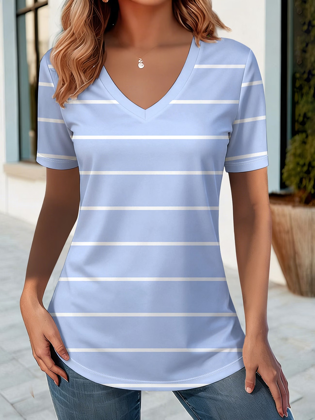 Women's Short Sleeve T-shirt Summer Blue Striped Printing V Neck Holiday Going Out Vintage Top