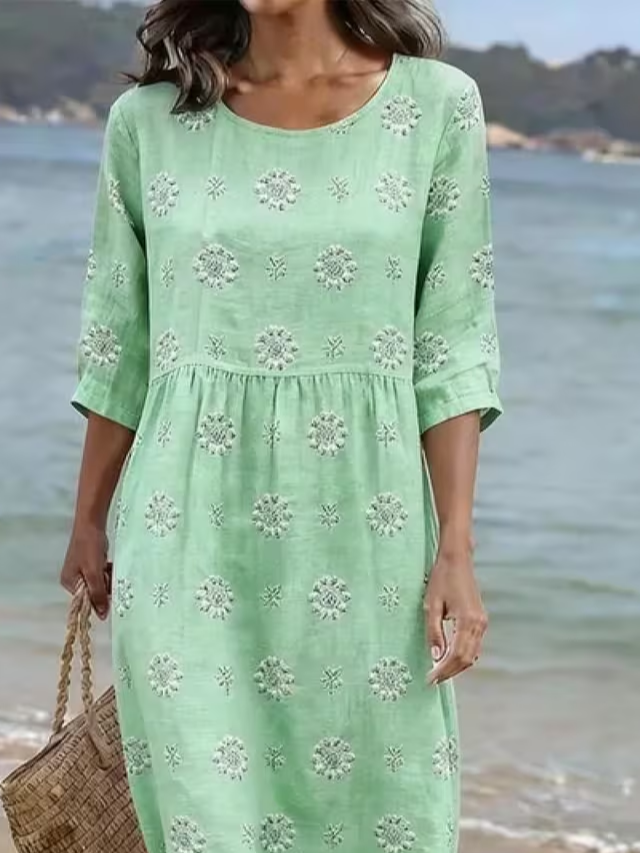 Women's Half Sleeve Summer Green Floral Printing Crew Neck Daily Going Out Casual Maxi H-Line Dress