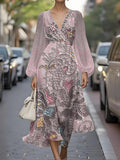 Vacation V Neck Gradient Pattern Puff Sleeve Regular Fit Dress