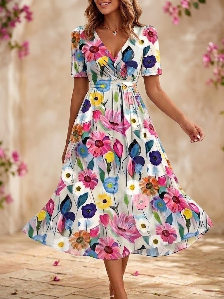 Regular Fit V Neck Elegant Floral Dress With No
