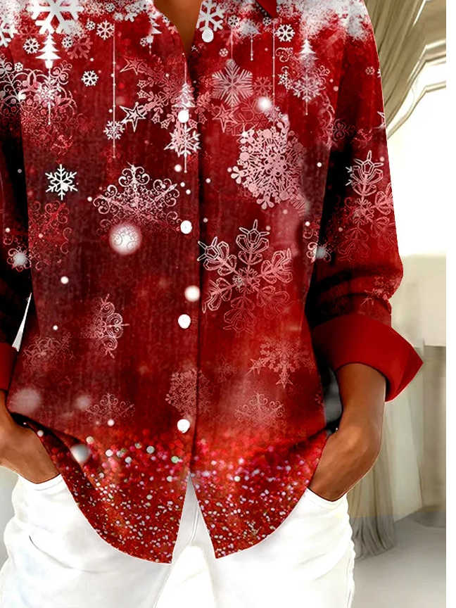 Women's Long Sleeve Shirt Spring/Fall Red Christmas Buckle Shirt Collar Regular Sleeve Daily Going Out Casual Top