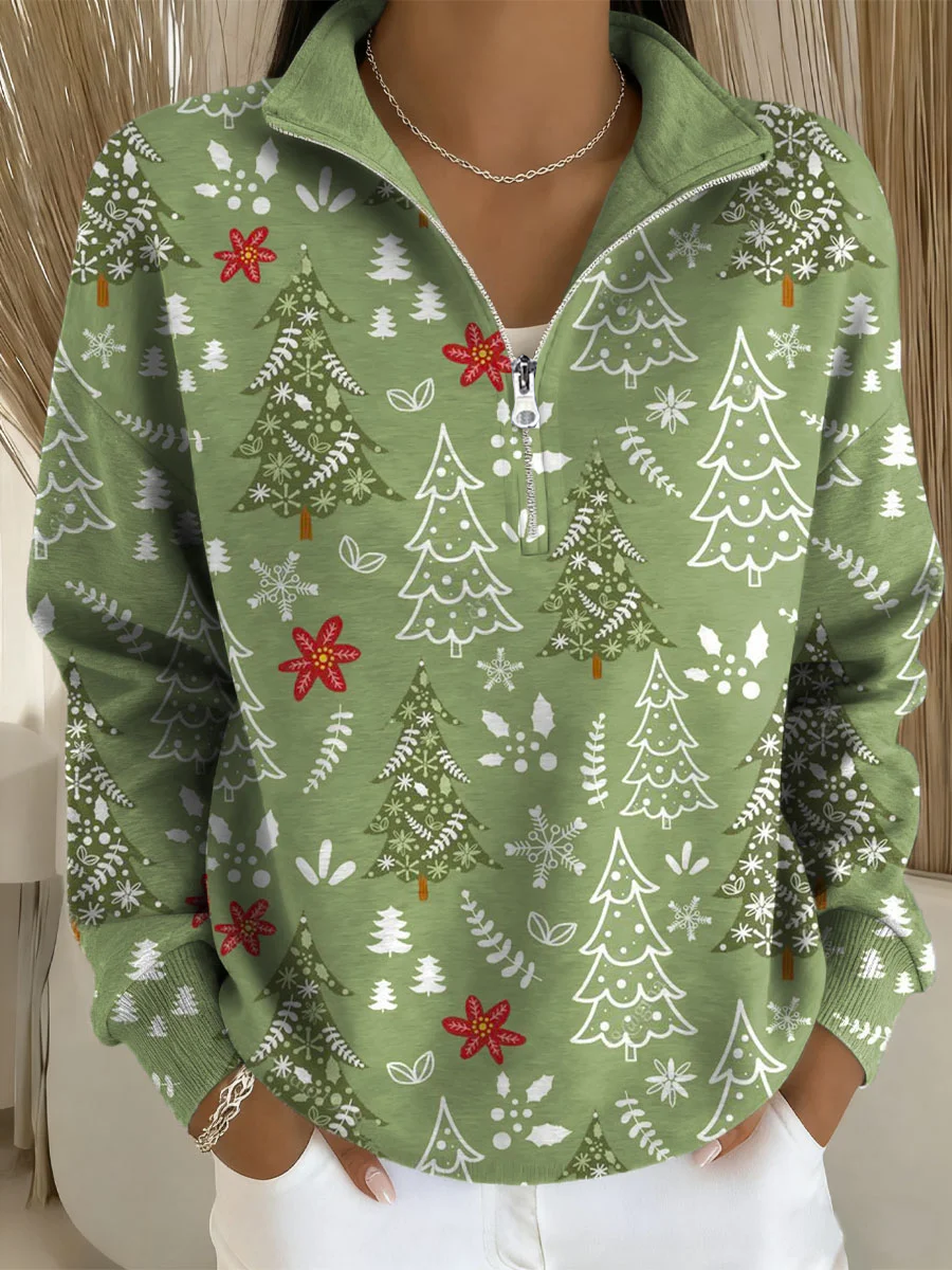 Shawl Collar Zipper Christmas Tree Casual Sweatshirt