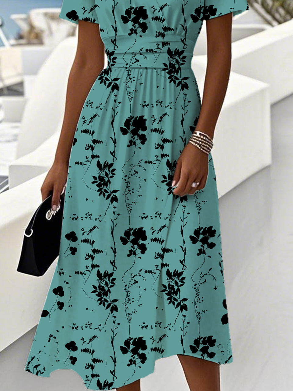 Leaf V Neck Regular Fit Elegant Dress With No