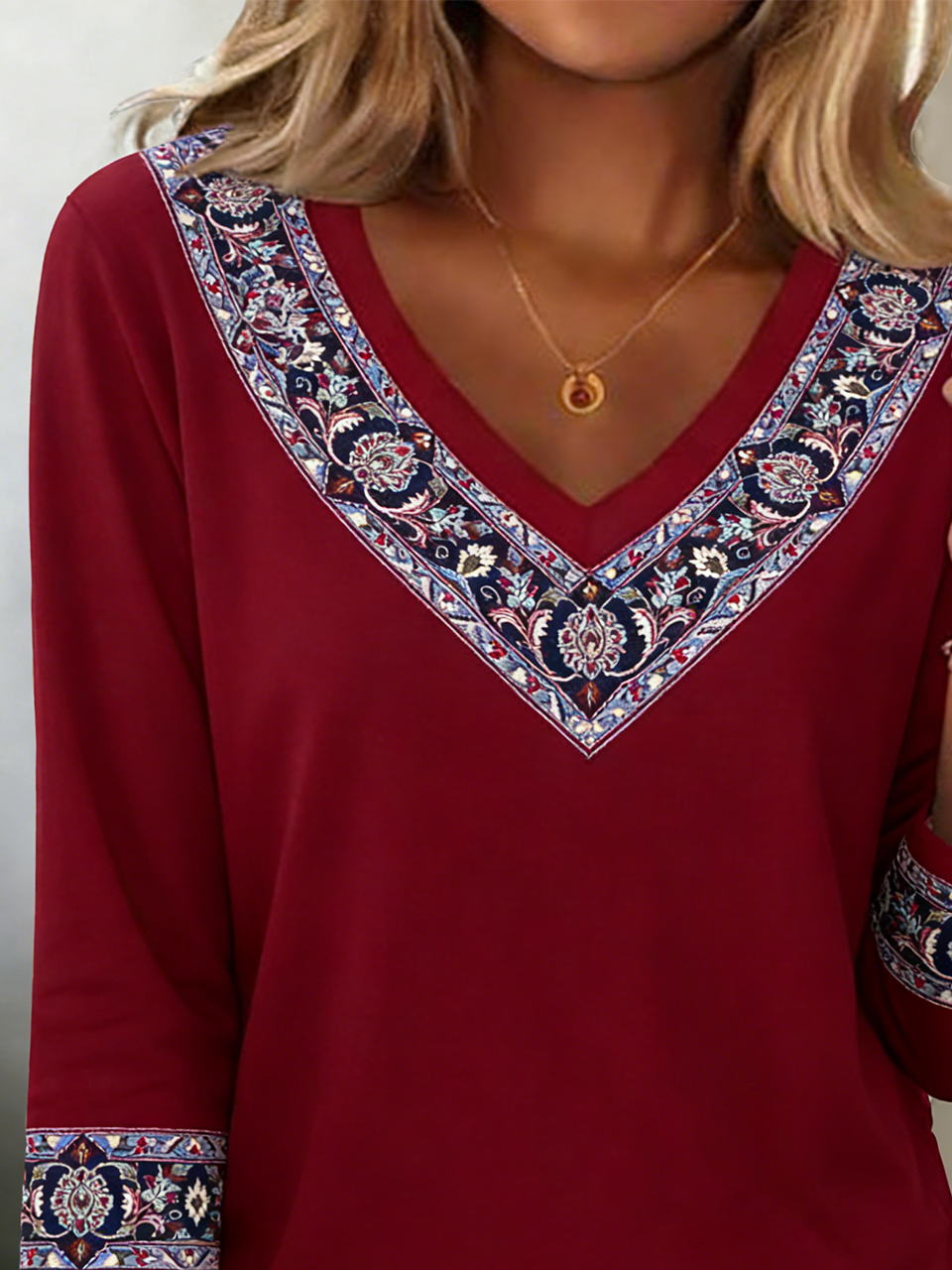 Cotton-Blend Casual V Neck T-Shirt