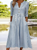 Half Open Collar Striped Casual Dress With No