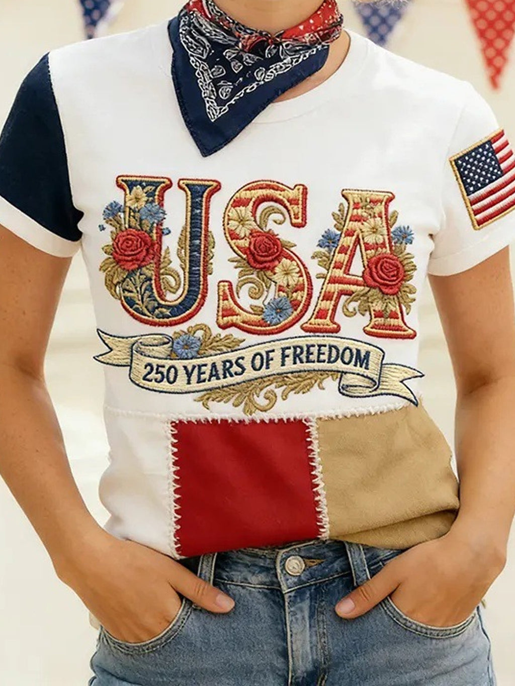 Color Block Jersey America Flag USA Letter Print Floral Vintage Crew Neck T-Shirt