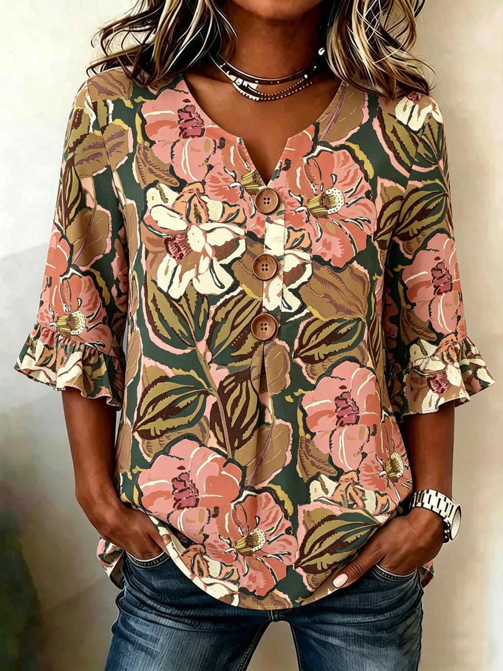 Women's Retro Floral Print Half Sleeve Ruffle Cuff Blouse Summer V Neck Button Daily Going Out Vintage Top