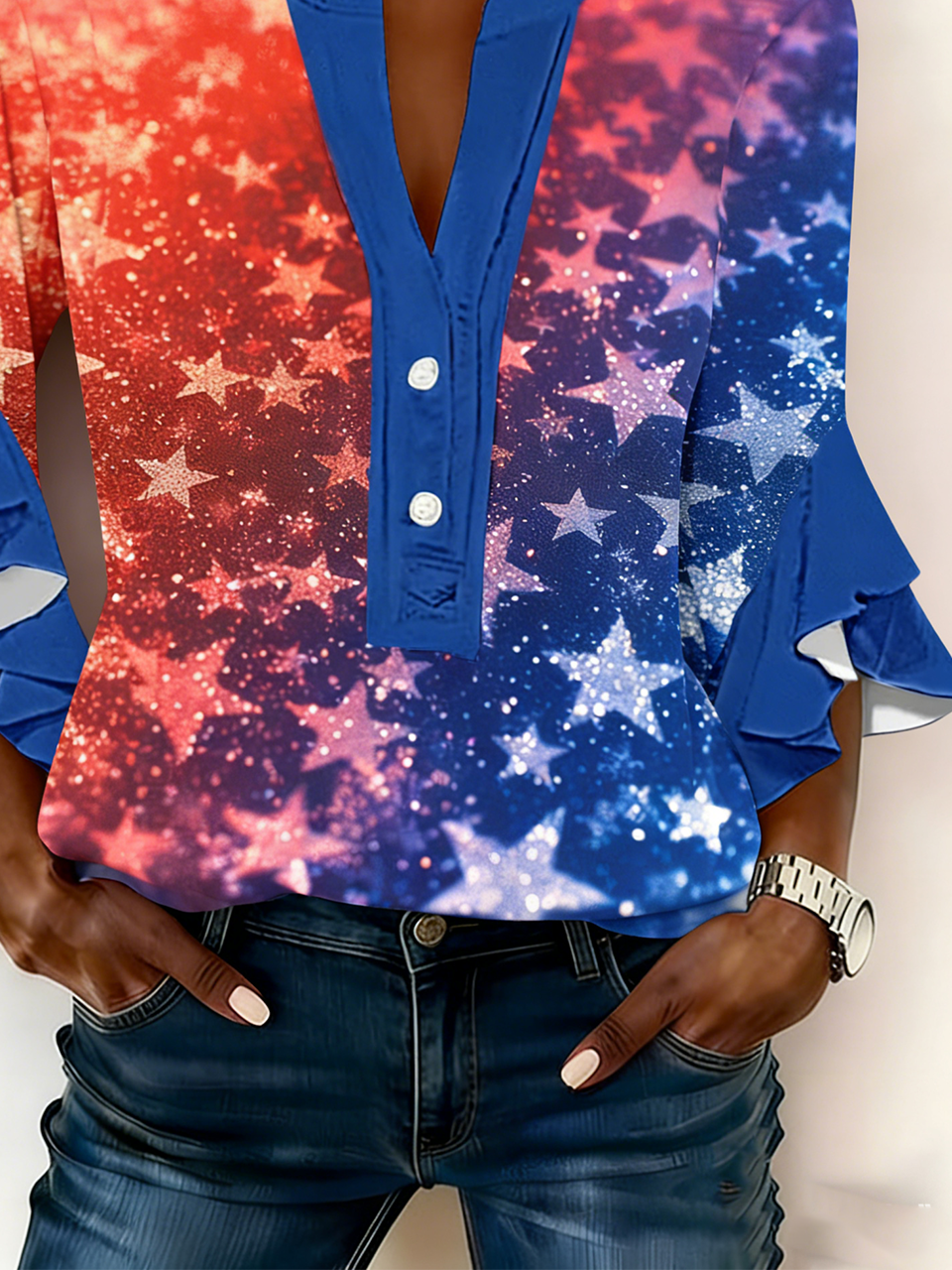 Women's V-Neck Multi-Layered Lace Design Shirt