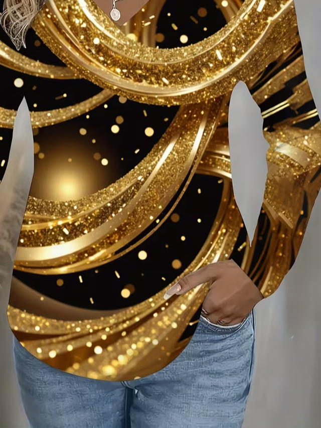 Women's Long Sleeve T-shirt Spring/Fall Yellow Abstract Printing Jersey V Neck Daily Going Out Casual Top