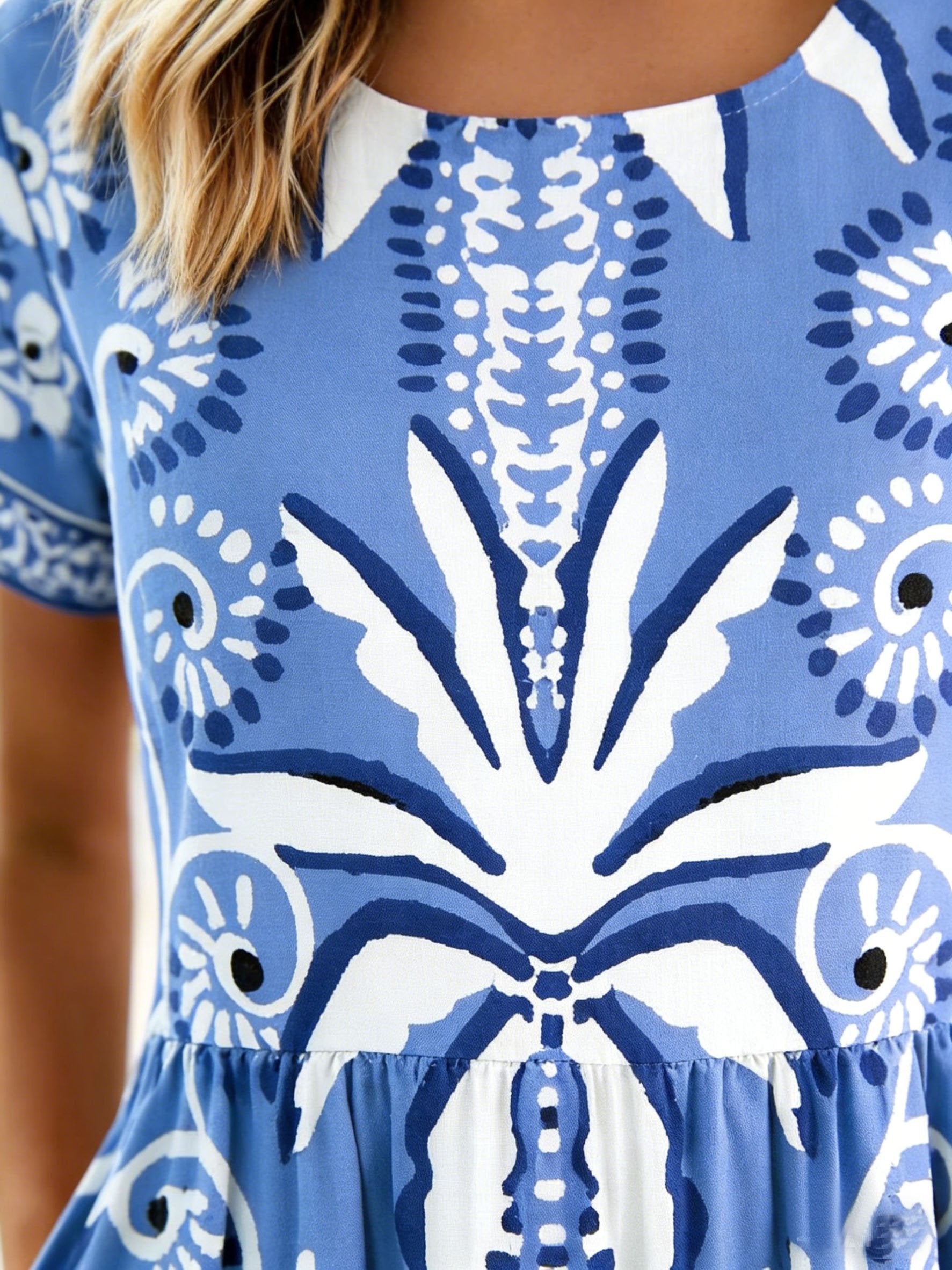 Women's Short Sleeve Summer Blue Floral Printing Round Neck Daily Going Out Casual Maxi A-Line Dress