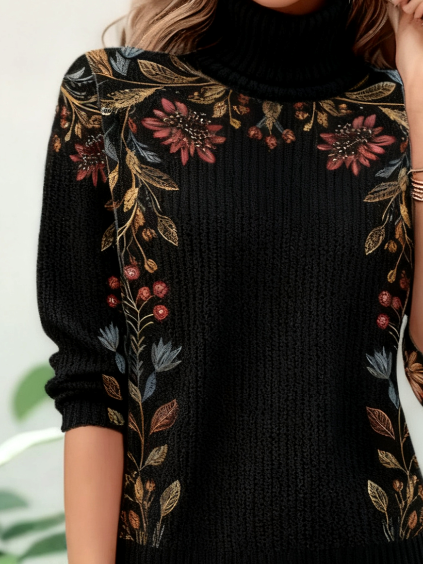 Turtleneck Loose Vintage Floral Sweater