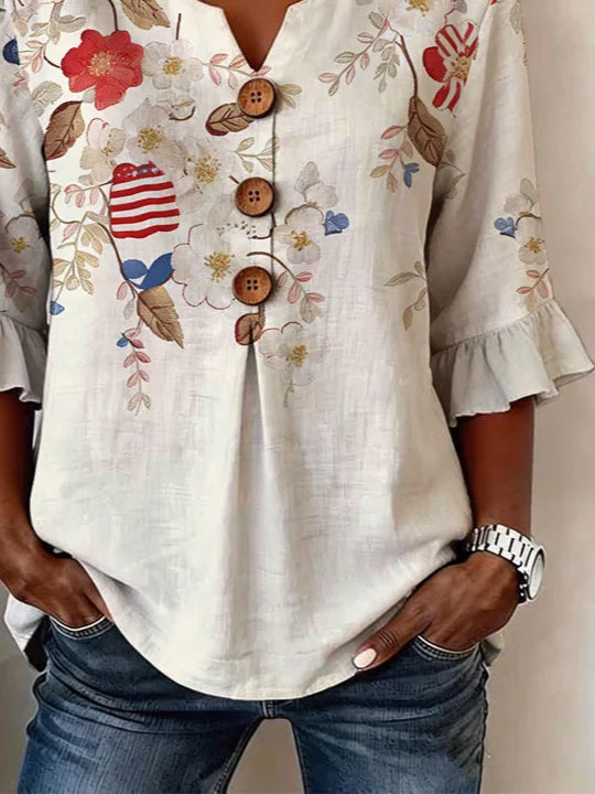 Women's Half Sleeve Blouse Summer Apricot Floral Printing V Neck Daily Going Out Vintage Top
