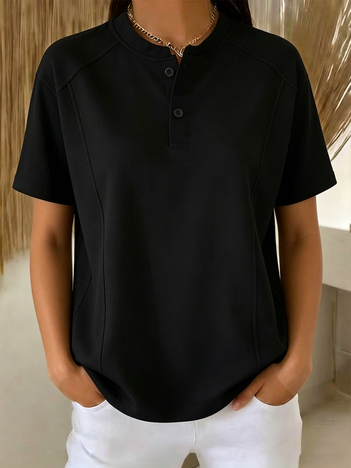Polyester Cotton Henley Collar Plain Casual T-Shirt