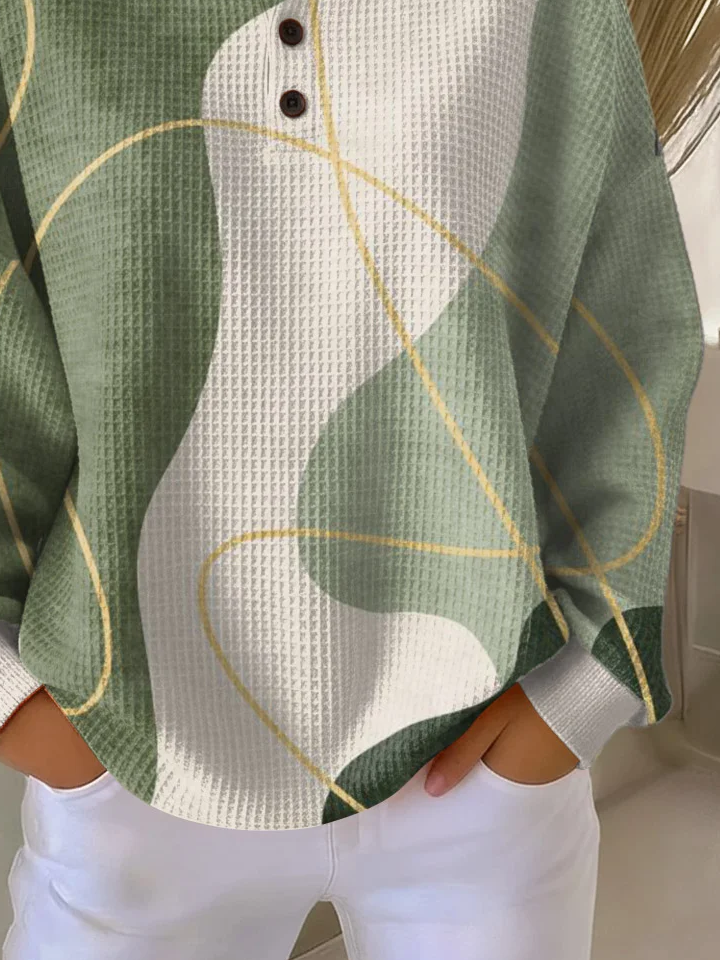 Women's Abstract Print Button-Up Casual Waffle Knit Sweatshirt