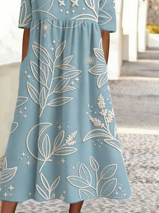 Crew Neck Floral Loose Casual Dress With No