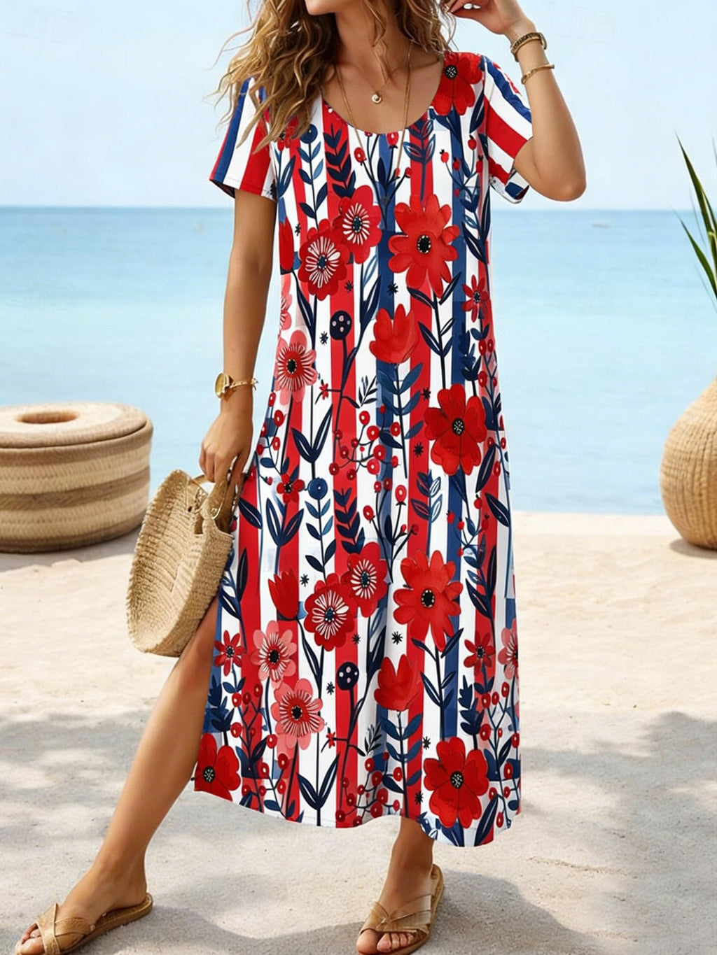 3D Printing Floral Pattern Short Sleeve V Nek 250th Anniversary Vacation Summer Casual Shirt Dress