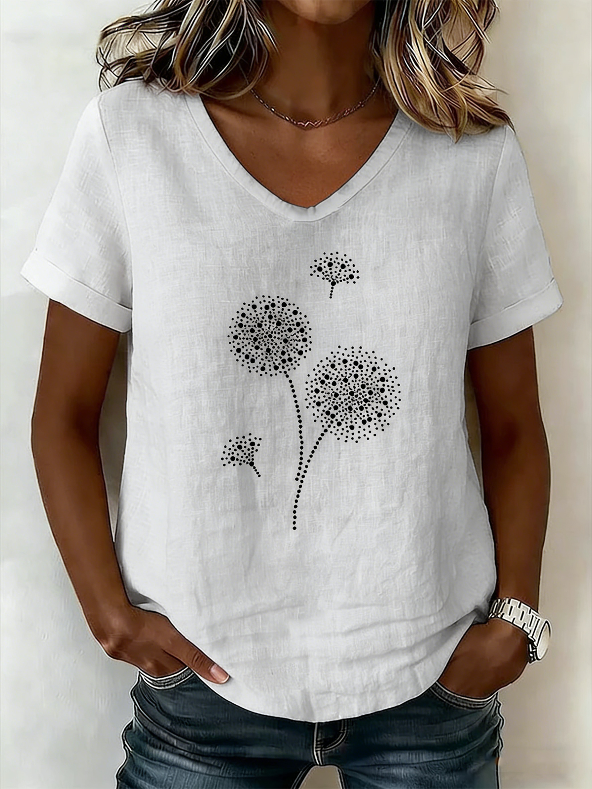 Women's V-Neck Short-Sleeve Blouse â€?Textured Linen